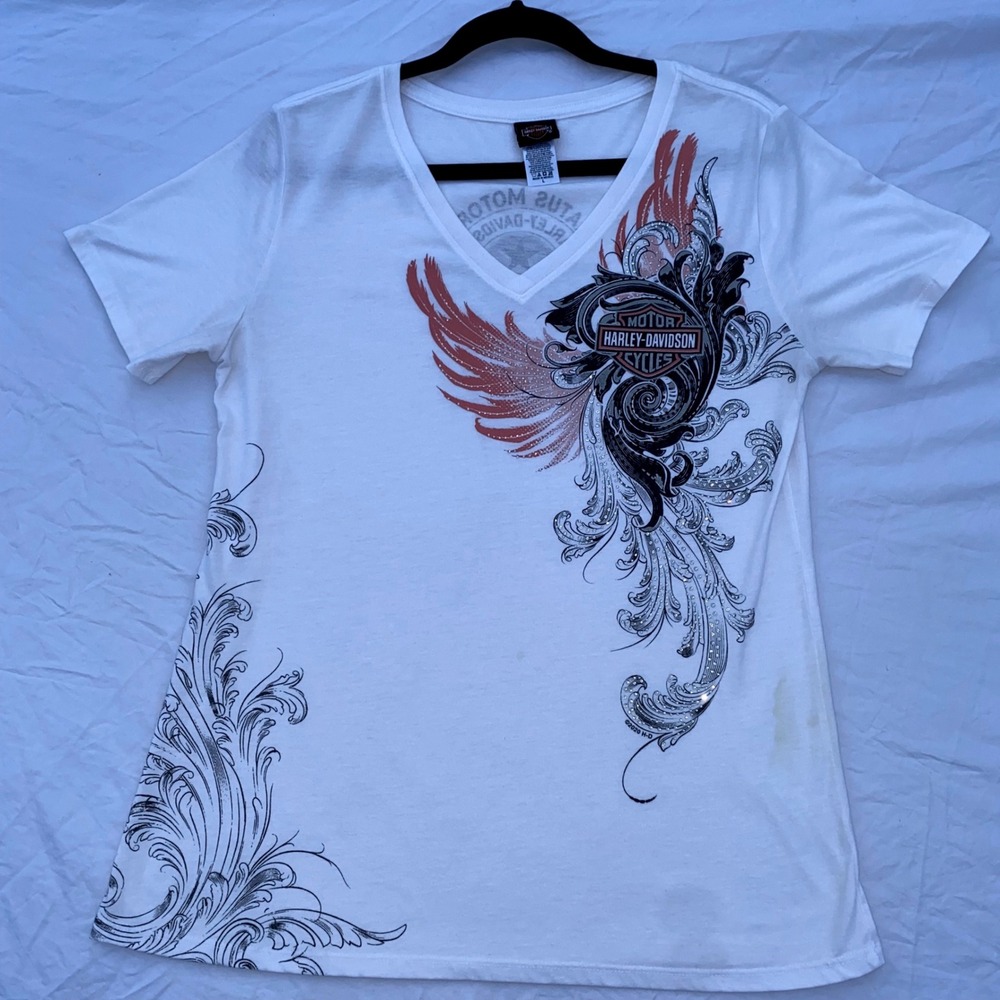 Harley-Davidson Latus Motors Portland OR Rhinestone Graphic V-Neck T-Shirt L